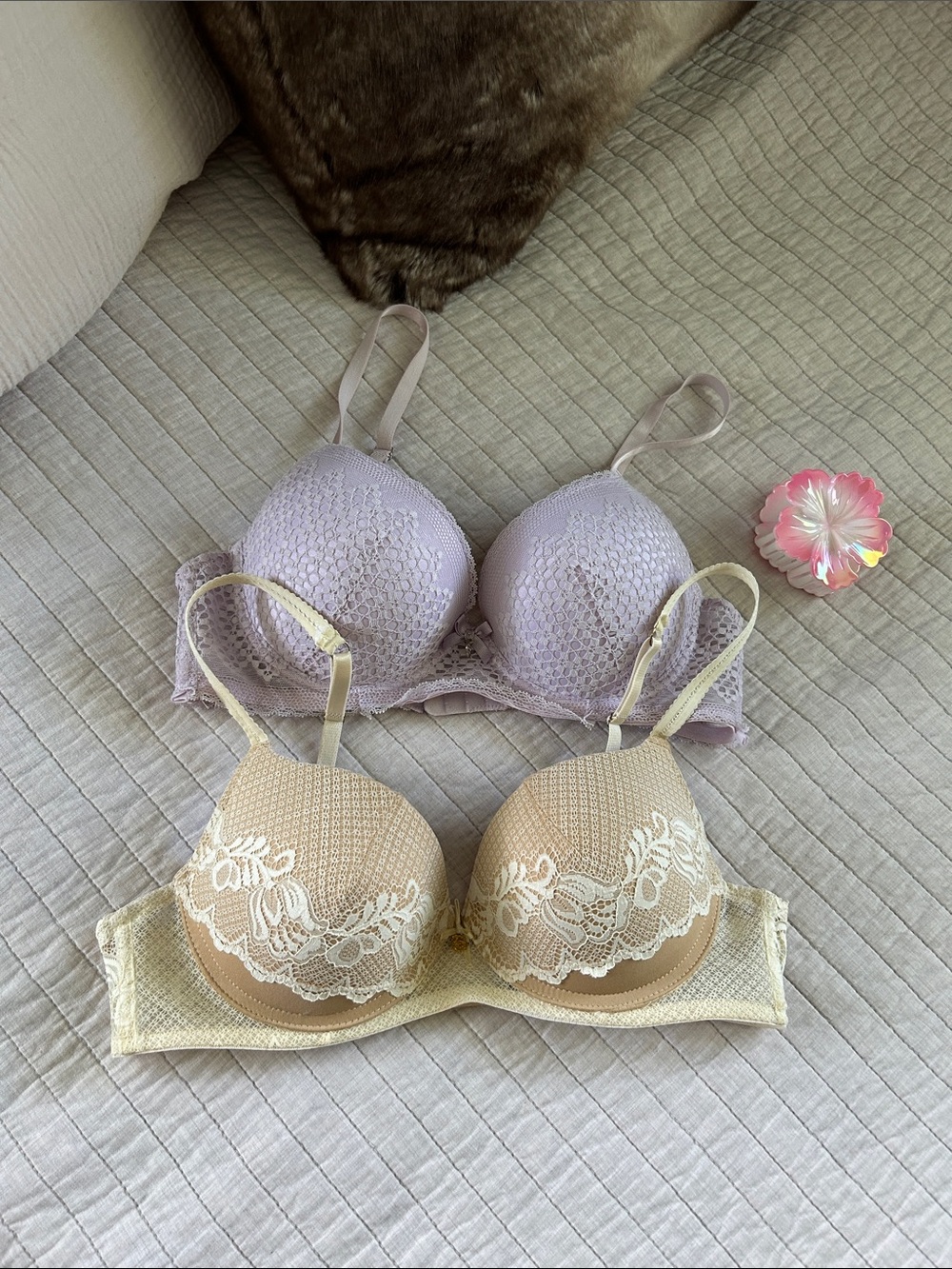 Daisy Fuentes, Y2K 36B bra bundle coquette, lace, lilac cream, nude padded push